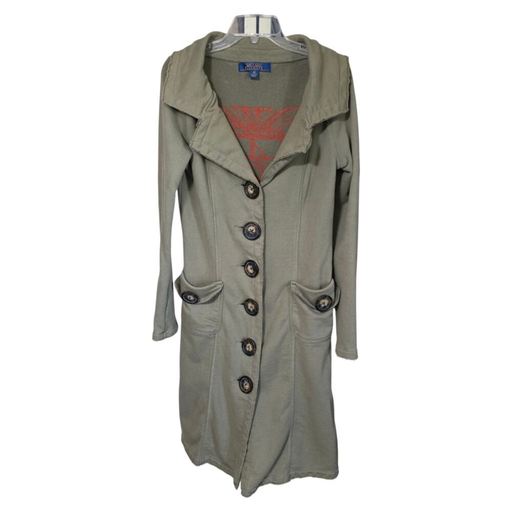 Millard Fillmore Women M Olive Long Sweatshirt Jacket Boho Hippie Graphic Coat